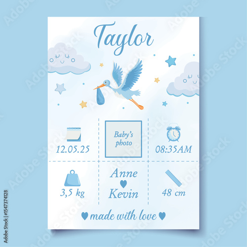 Blue birth announcement card template Stork delivers baby boy