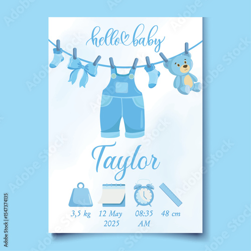 Cute blue baby clothes Baby birth details New born announcement Its a boy