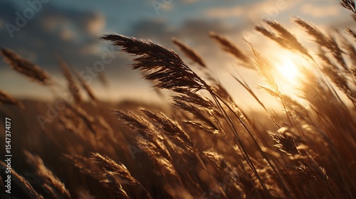 Low angle shot of wind rippled wheat fields at sunset with blurred motion and cinematic backlighting, ideal for advertising banners, video backgrounds, and social media content.