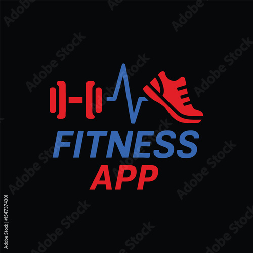 Powerful Fitness App Logo: Dumbbell, Heartbeat, Running Shoe Design