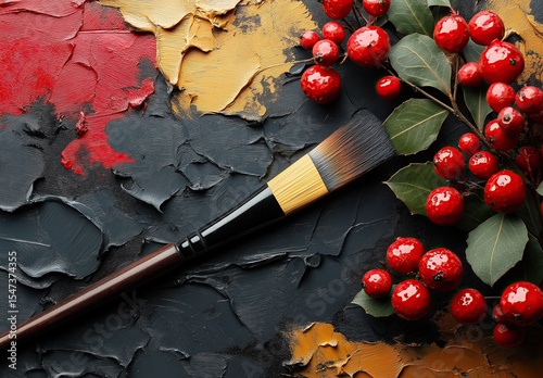 Brush on paint strokes background, decorated with pine cones, berries.