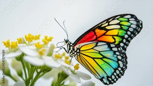 Vibrant Rainbow Butterfly on Delicate White Flower