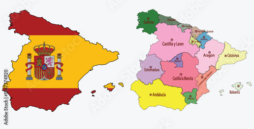 Geographical Illustration of Spain, Official Flag and Regional Division with Key Cities, Spain Map with National Flag and Autonomous Regions Featuring Major Cities