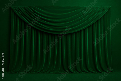 Wallpaper Mural Emerald Stage: A luxurious emerald curtain, draped gracefully in front of a monochromatic background, creates a sense of elegance and anticipation, evoking a sense of drama. Torontodigital.ca