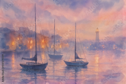 Watercolor Harbor at Dusk