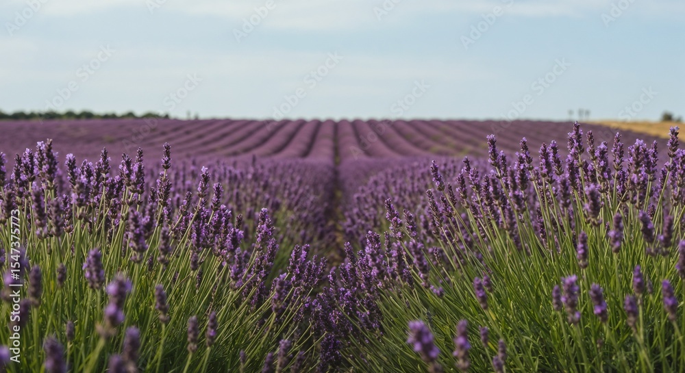 Fototapeta premium Lavender field with rows of blooming flowers under blue sky 