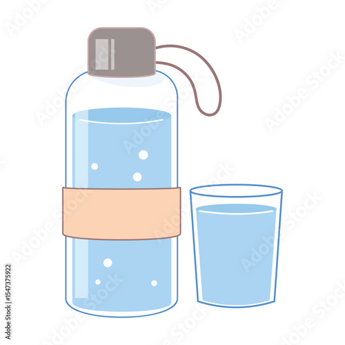 Modern flat illustration of plastic water bottle and drinking glass, fresh aqua, portable hydration, wellness design