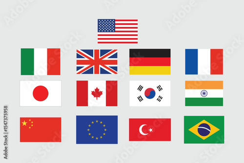 G20 Countries Flag Icon Set – USA, China, India, UK, Germany, Japan, EU & More | Global Economy, Politics & Trade Vector Pack.