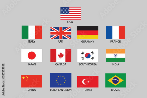 G20 Countries Flag Icon Set – USA, China, India, UK, Germany, Japan, EU & More | Global Economy, Politics & Trade Vector Pack.