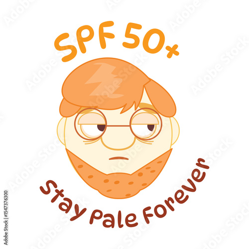 Vector of pale ginger nerd boy, SPF 50 sunscreen joke, summer sun protection humor