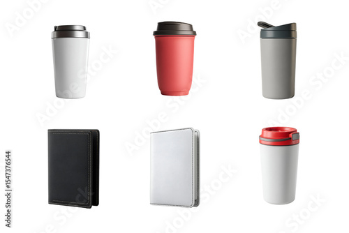 A collection of stylish drinkware including various coffee cups and travel mugs in different colors. Perfect for showcasing beverage culture and modern lifestyle.
