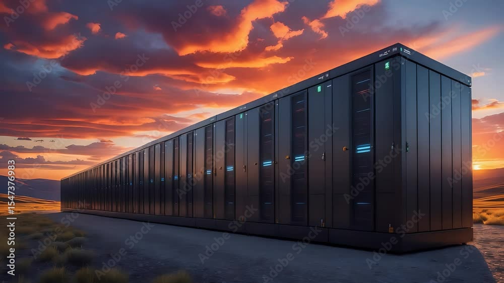 Long Row of Black Outdoor Data Servers in Remote Landscape with Glowing Lights Under Vibrant Sunset Sky in Modern Cloud Facility

