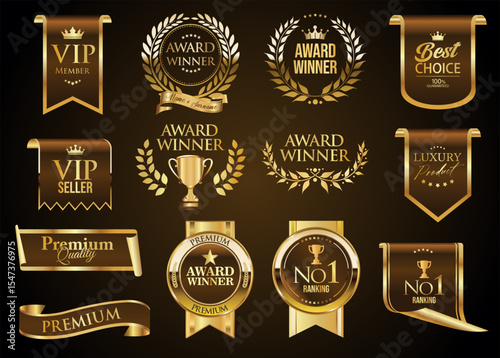 Premium Quality label sticker Brown and Gold badges and icons with Number 1 and laurel wreath for the Best product 