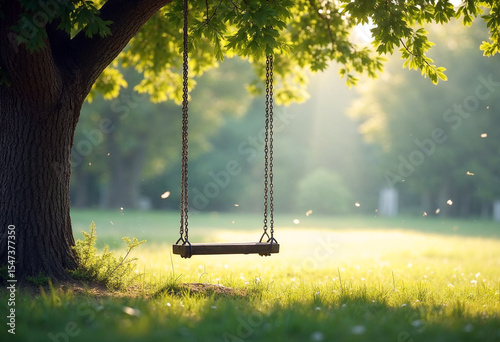 Wallpaper Mural Peaceful swing under large tree with soft morning sunlight shining through. Serene outdoor scene evoking nostalgia, nature, and childhood memories. Torontodigital.ca