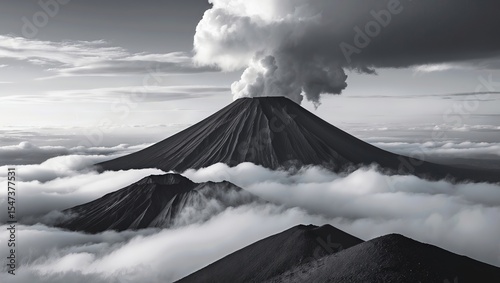 Striking black and white landscape of an erupting volcano surrounded by clouds