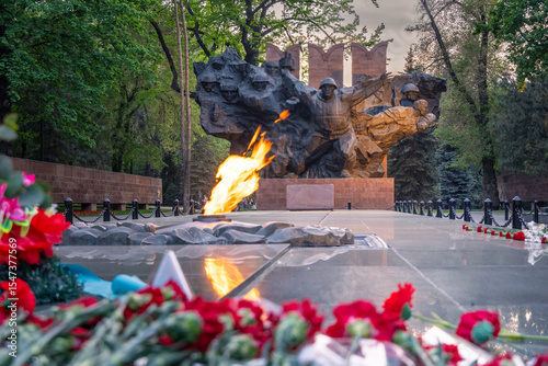 Almaty, Kazakhstan: The world war 2 memorial with the ethernal flame in the 28 Panfilov Guardsmen Park in Almaty, Kazakhstan largest city in Central Asia