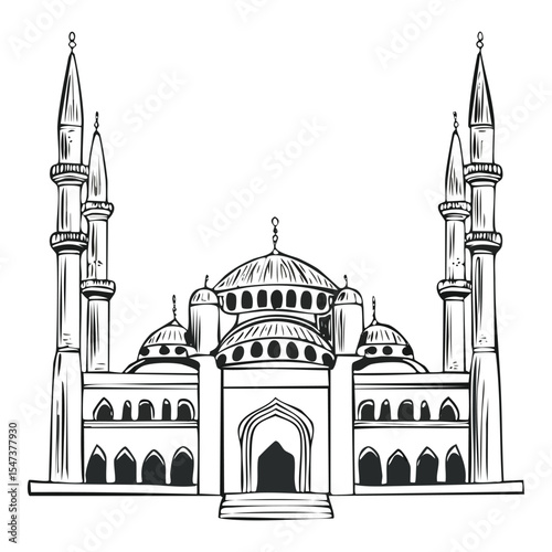 Blue Mosque, Istanbul - Minimal vector line illustration of the Blue Mosque with its cascadi