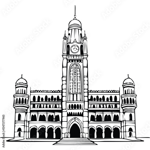 Bombay High Court_Minimal vector line illustration of Bombay High Court, Gothic Revival arch