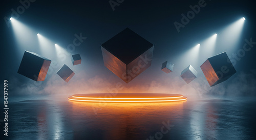 multiple floating cubes levitating in a diagonal line, glowing softly from the bottom with warm orange ambient light, surrounded by cinematic fog and haze, soft spotlight beams cutting