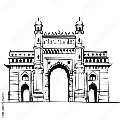 Minimal vector line illustration of the Gateway of India, featuring Indo-Saracenic architects