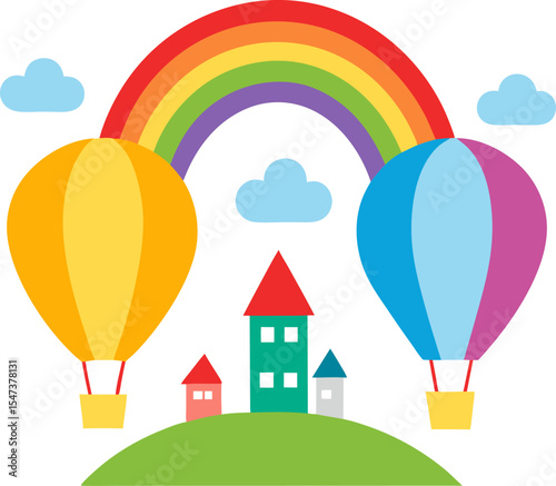 Rainbow-colored hot air balloons flying over a whimsical cartoon town, flat vector style with white background.