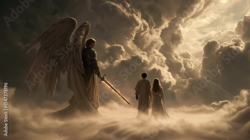 Photorealistic scene depicting a majestic angel guarding Eden, surrounded by ethereal clouds and a warm glow, evoking a sense of divine protection and serenity. inspired by genesis 3:24.