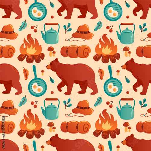 whimsical vector illustration features a charming camping pattern with bears, campfires, cooking utensils, and nature elements. Perfect for outdoor-themed projects and adventure designs.