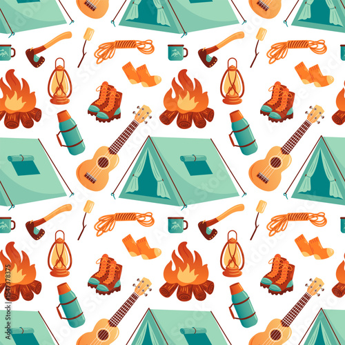 This vibrant vector illustration showcases a playful camping pattern featuring tents, campfires, hiking boots, lanterns, and outdoor gear. Perfect for adventurous designs and nature-themed projects.