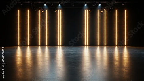 A spacious modern stage featuring striking vertical light beams on a dark background, creating a dramatic atmosphere perfect for performances or artistic presentations.
