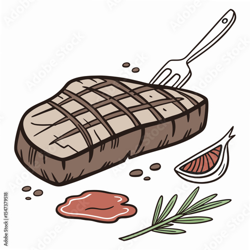 Delicious grilled steak with rosemary, garlic, and sauce on white background