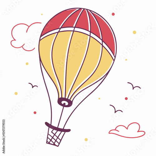 Hot air balloon soaring through clouds birds sky