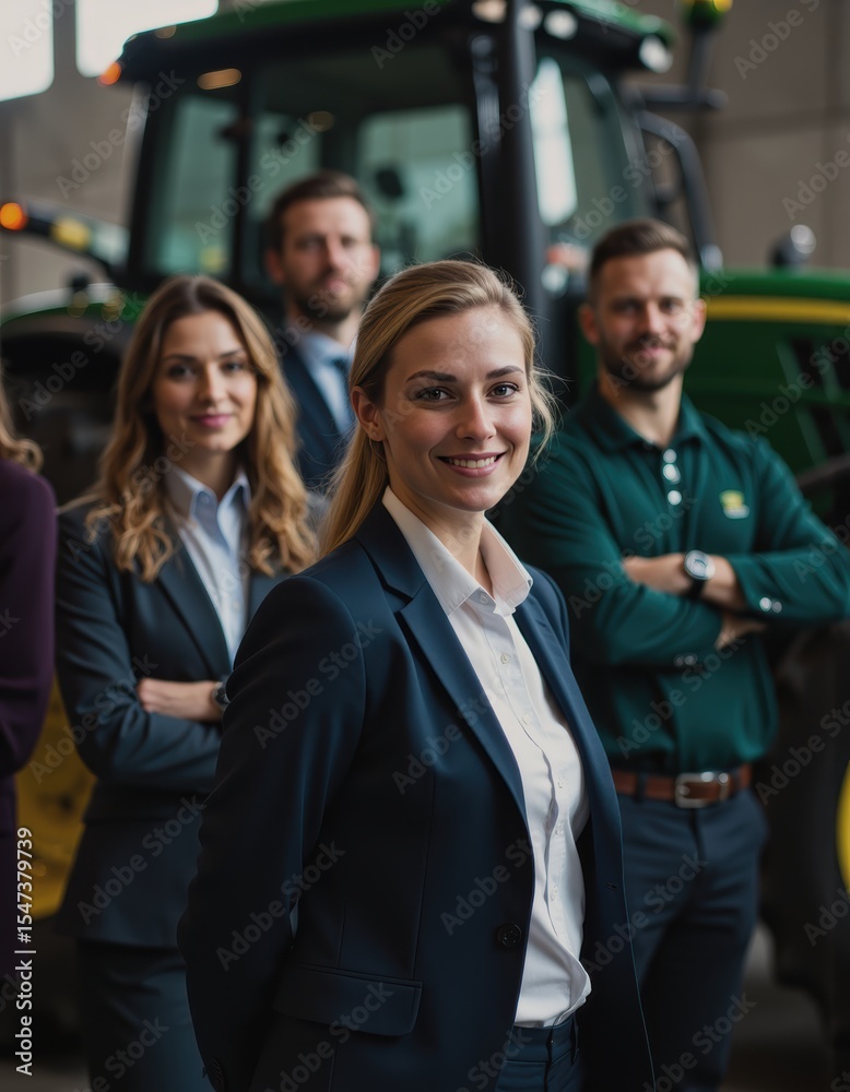 Obraz premium Supervisor standing confidently in front of tractor wheels with team members