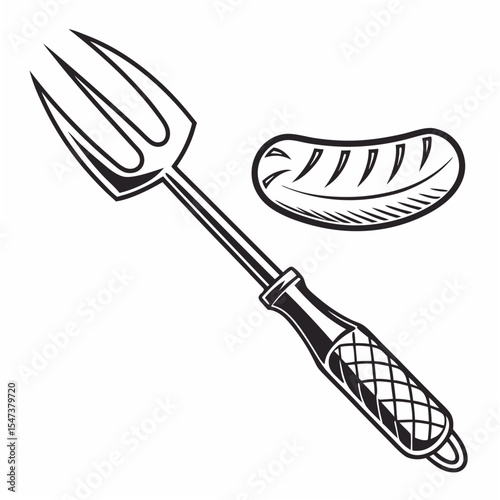 Professional bbq sausage fork and grilled sausage clipart on white background