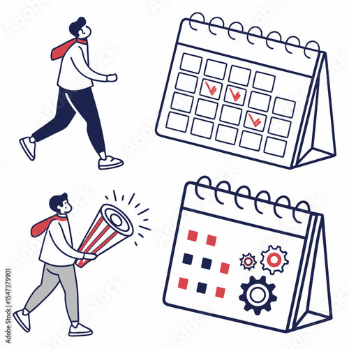 Man running towards calendar checkmarks and gears