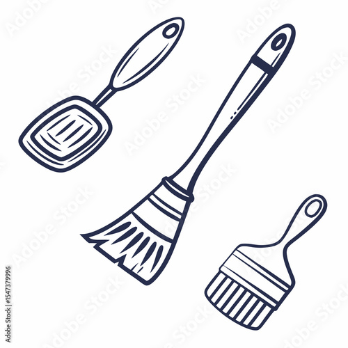 Hand drawn kitchen utensils and paint brushes set