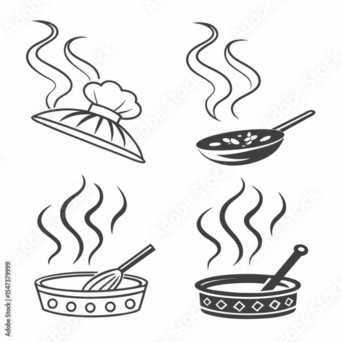 Hot food icons chefs hat pan bowl whisk cooking steam
