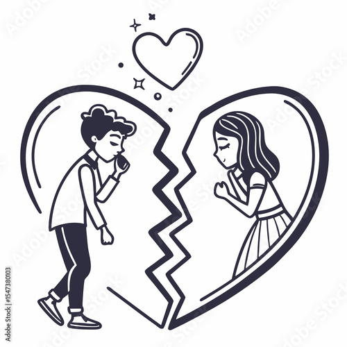 Sad couple separated broken heart illustration drawing