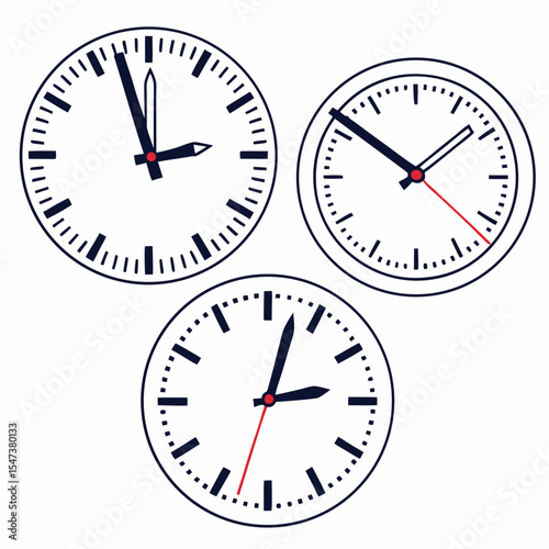 Three analog clocks showing different times time management concept