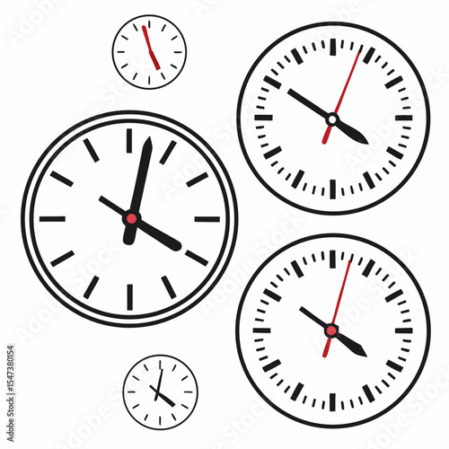 Four analog clocks showing different times time management concept
