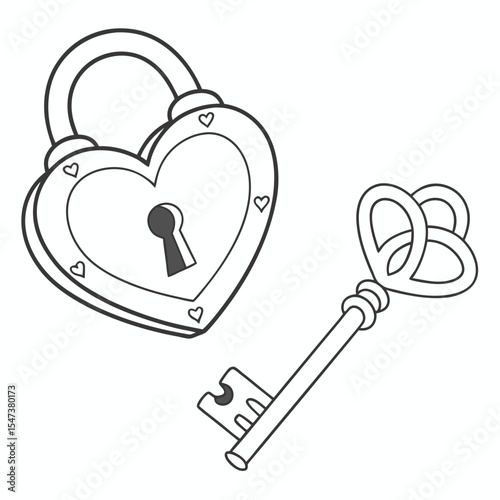 Heart shaped padlock and ornate key romantic love illustration