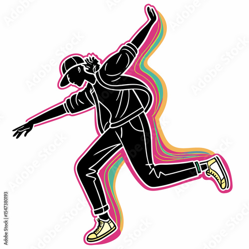 Energetic hip hop dancer silhouette dynamic pose colorful background