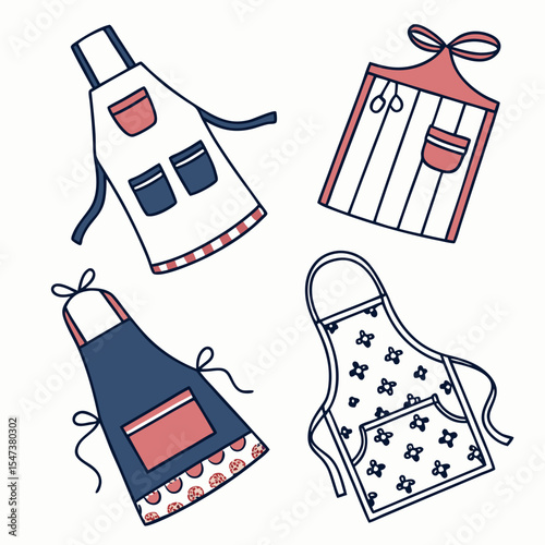 Four stylish aprons kitchen cooking baking design illustration
