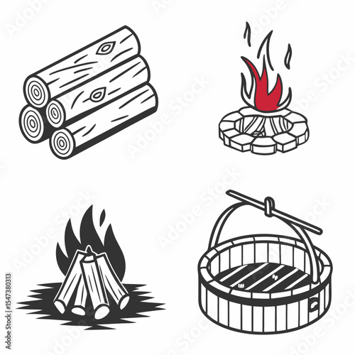 Campfire icons wood logs bonfire hot tub illustration