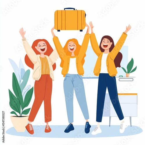 of three happy  elated young women friends laughing and joyfully stowing their luggage in the overhead bin during an exciting travel adventure or vacation getaway