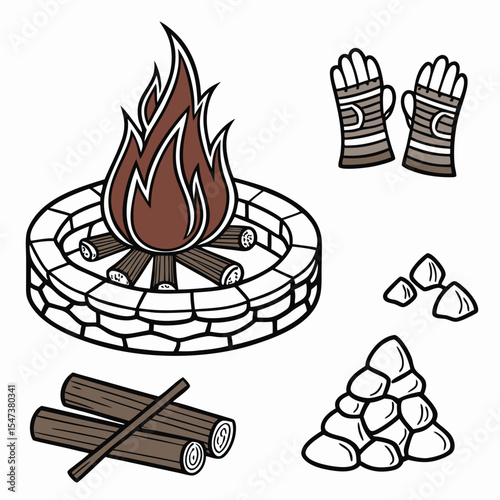 Campfire illustration with firewood logs stones and gloves