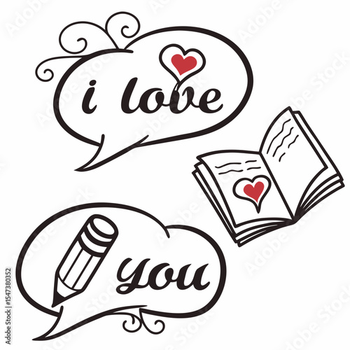 I love you romantic hand drawn illustration with book and pencil
