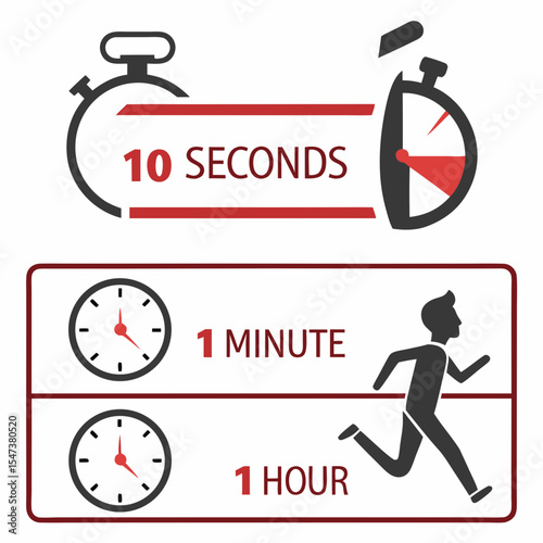 Time management icons stopwatch clock running man 10 seconds 1 minute 1 hour