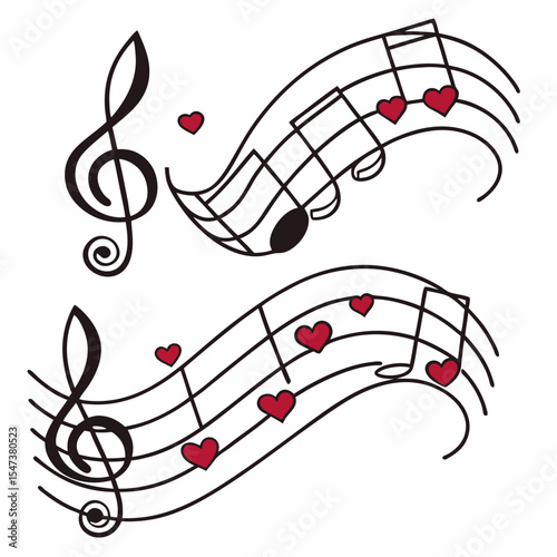 Musical notes treble clef hearts love song romance melody