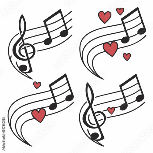 Musical notes hearts love song melody rhythm romance