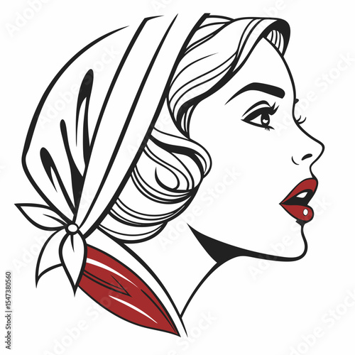 Retro woman profile pop art style headscarf red lips